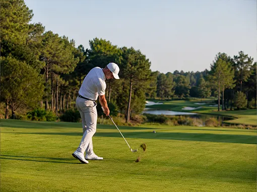 Un golfista participante del torneo solidario de golf William Martin, golpea la bola con destino al hoyo siete.